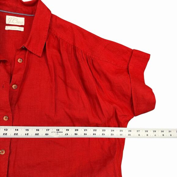 J.Crew Linen Button Front Shirt Dress Womens L Red Relaxed Fit Pockets Resort - Picture 3 of 10